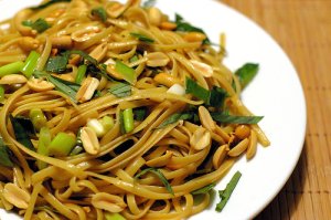 noodles scattered with chopped nuts